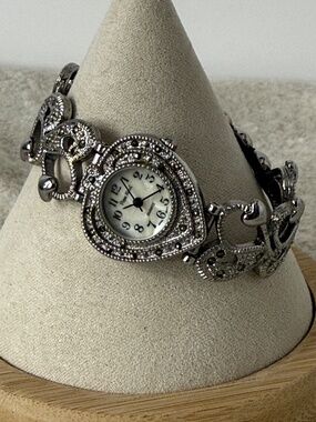 Vintage Pierre Nicol Silver Marcasite Quartz Watch with Heart Band
